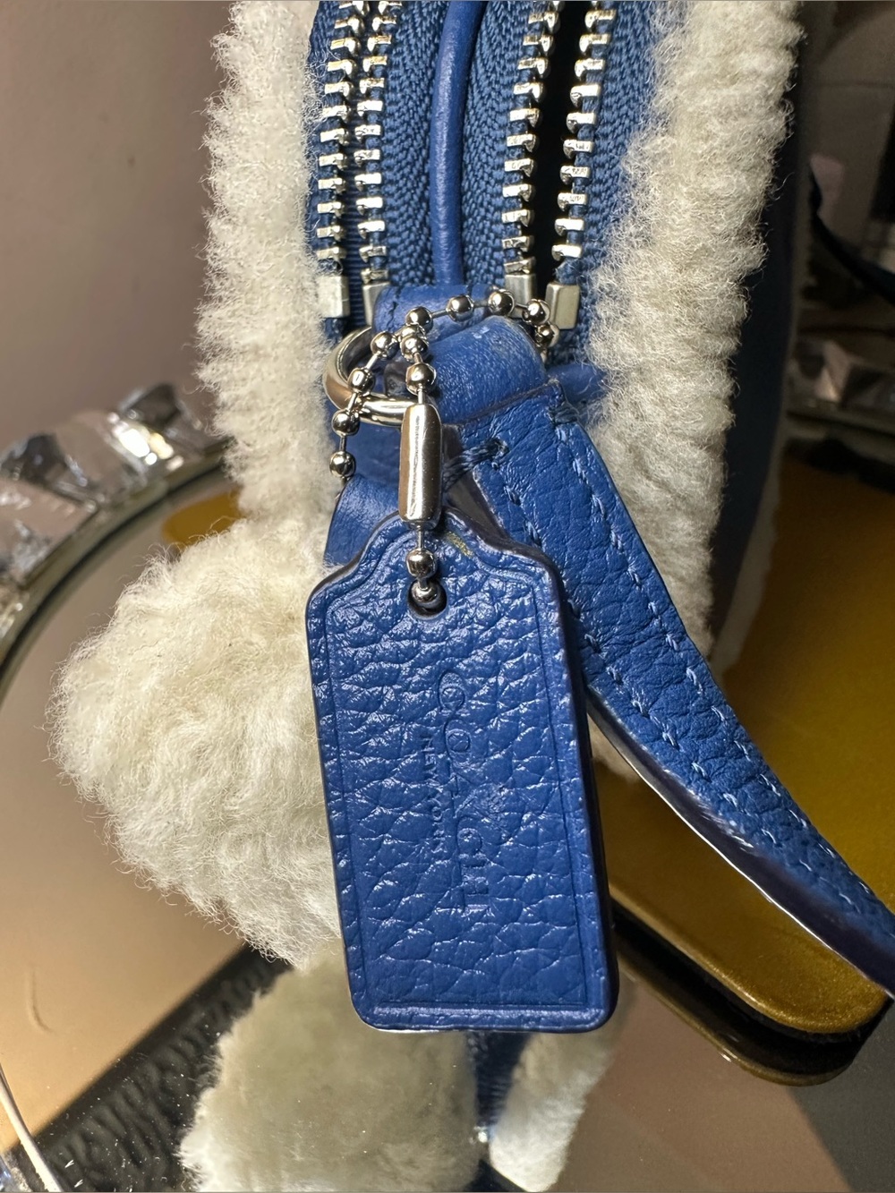 Coach Blue Pebbled Leather Crossbody with White Shearling Trim - Picture 9 of 14